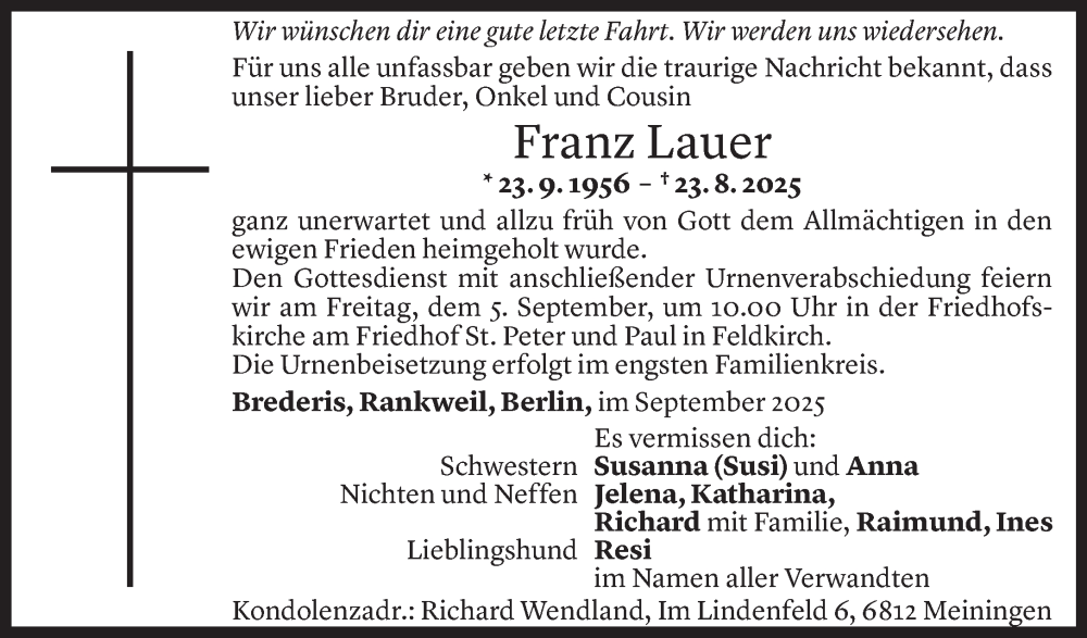  Todesanzeige für Franz Lauer vom 28.08.2025 aus Vorarlberger Nachrichten