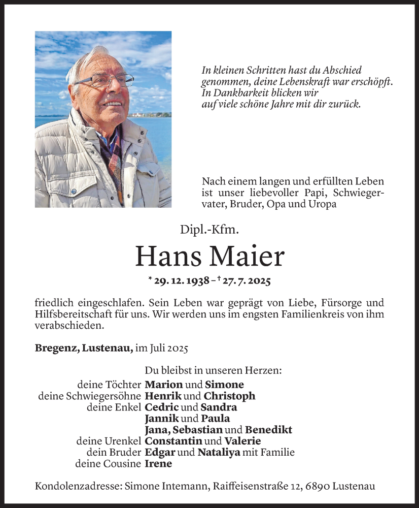  Todesanzeige für Hans Maier vom 02.08.2025 aus Vorarlberger Nachrichten