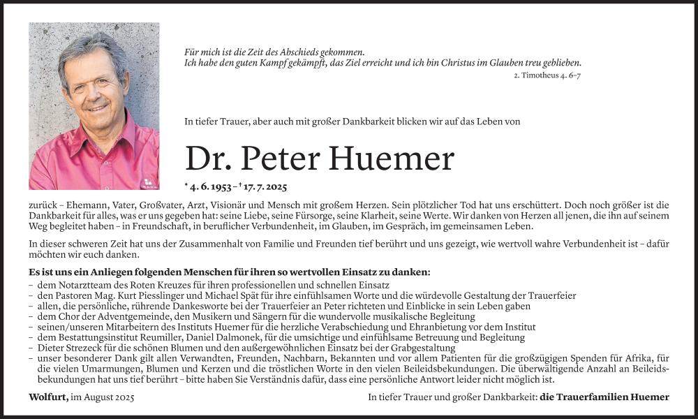  Todesanzeige für Peter Huemer vom 23.08.2025 aus Vorarlberger Nachrichten