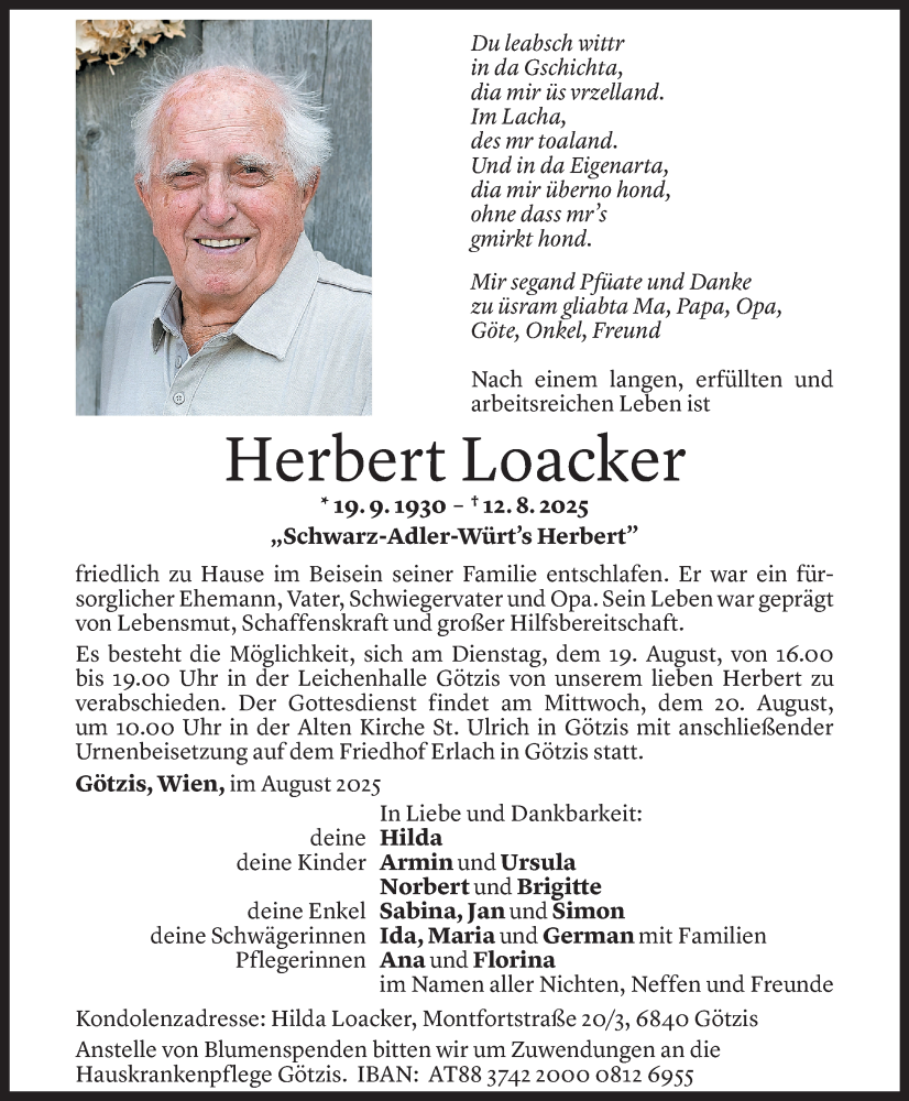  Todesanzeige für Herbert Loacker vom 14.08.2025 aus Vorarlberger Nachrichten