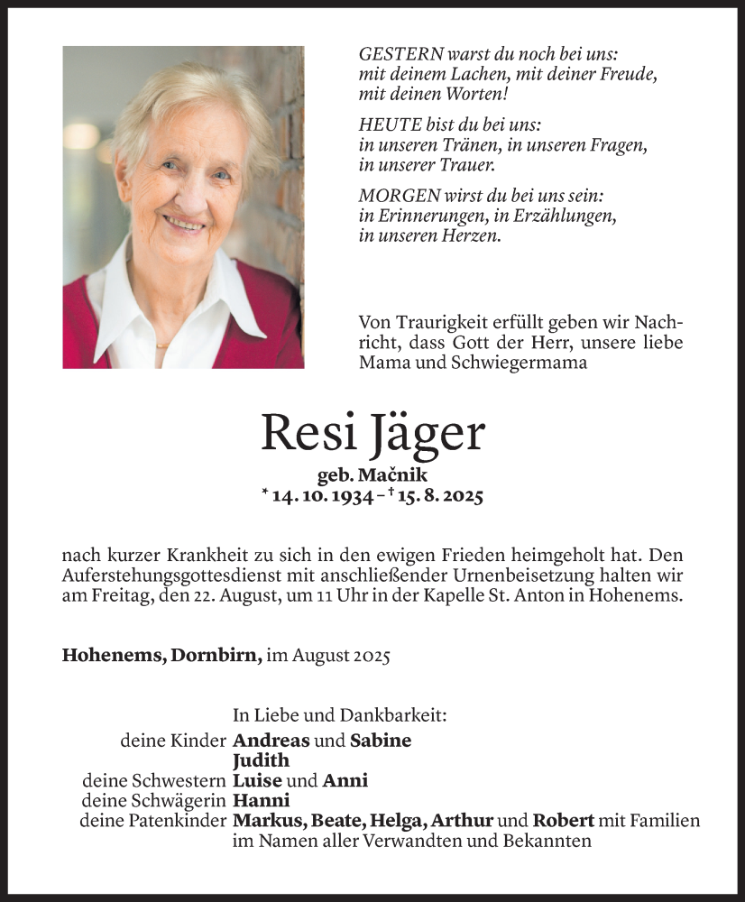  Todesanzeige für Resi Jäger vom 19.08.2025 aus Vorarlberger Nachrichten