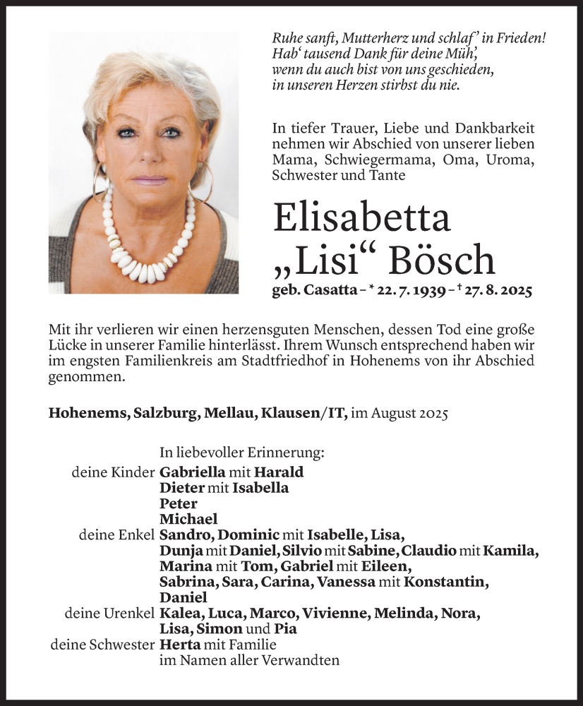  Todesanzeige für Elisabetta Bösch vom 02.09.2025 aus Vorarlberger Nachrichten