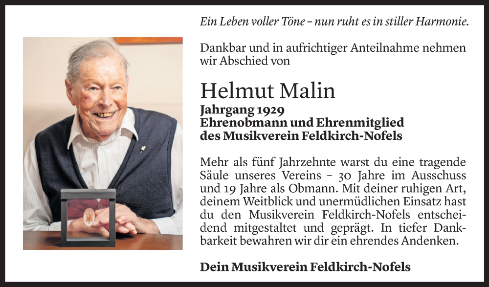  Todesanzeige für Helmut Malin vom 25.08.2025 aus Vorarlberger Nachrichten