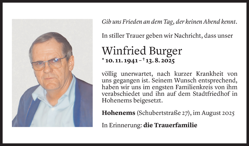  Todesanzeige für Winfried Burger vom 23.08.2025 aus Vorarlberger Nachrichten