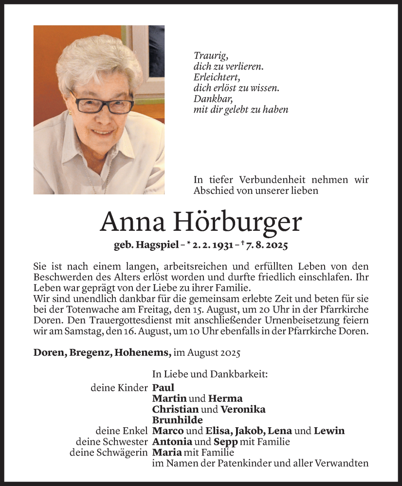  Todesanzeige für Anna Hörburger vom 13.08.2025 aus Vorarlberger Nachrichten