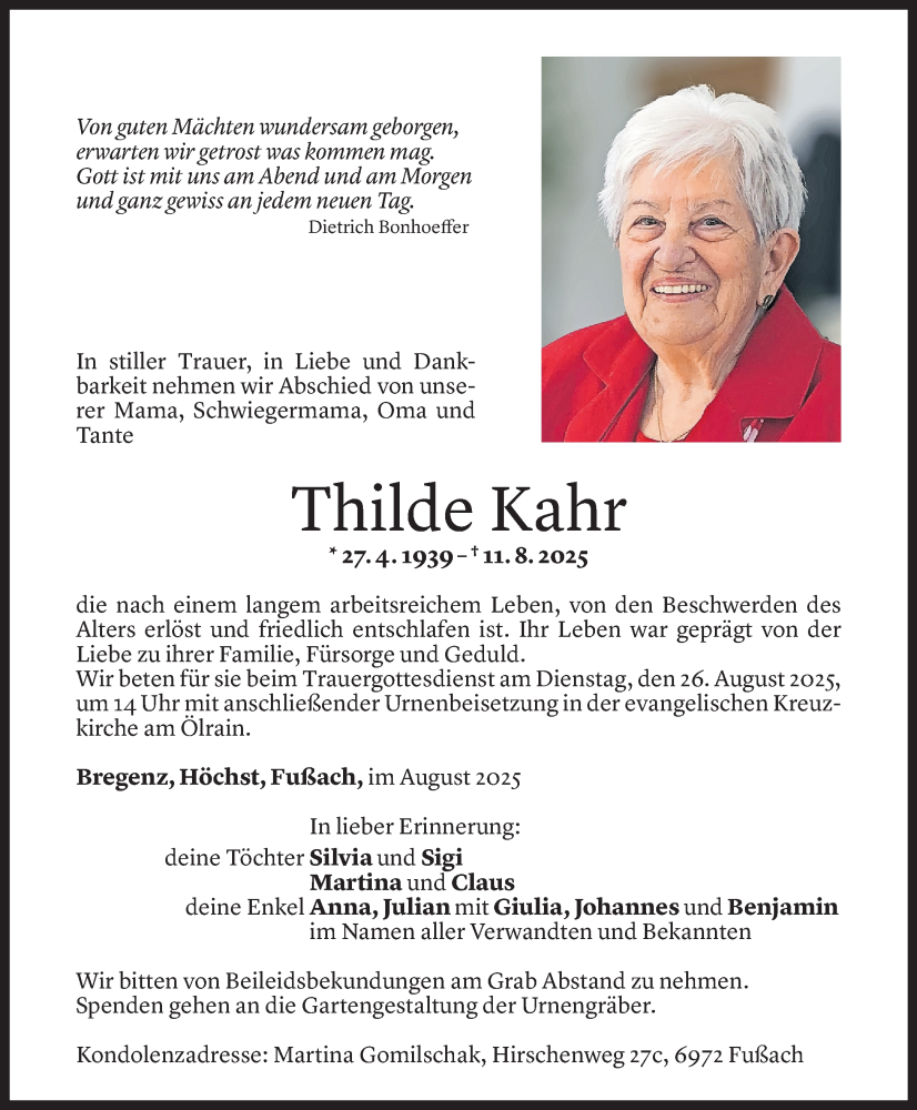  Todesanzeige für Thilde Kahr vom 21.08.2025 aus Vorarlberger Nachrichten