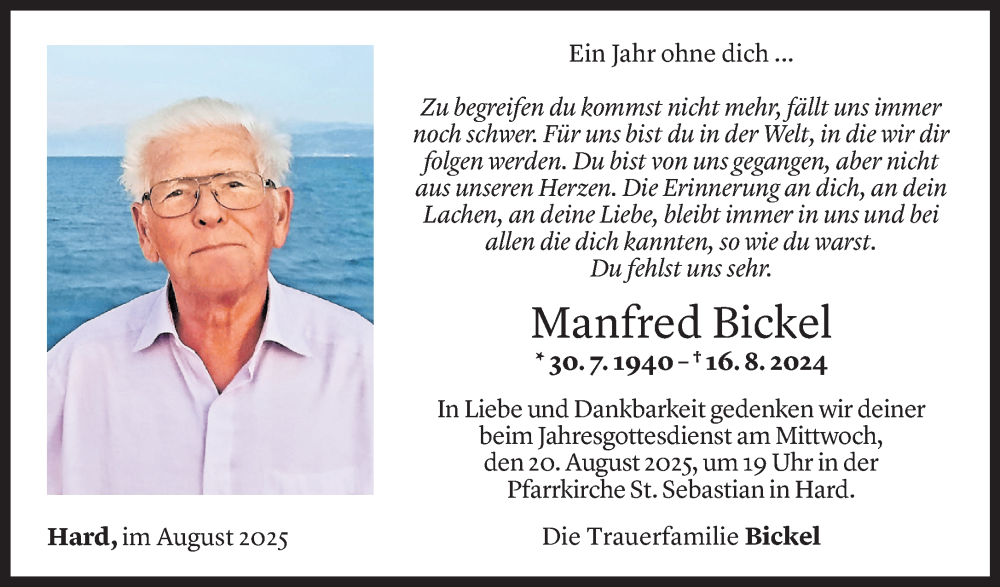  Todesanzeige für Manfred Bickel vom 05.08.2025 aus Vorarlberger Nachrichten