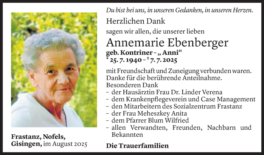  Todesanzeige für Annemarie Ebenberger vom 08.08.2025 aus Vorarlberger Nachrichten