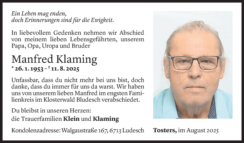  Todesanzeige für Manfred Klaming vom 23.08.2025 aus Vorarlberger Nachrichten
