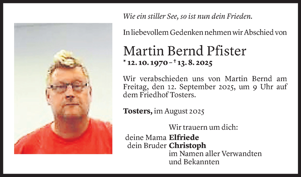  Todesanzeige für Martin Bernd Pfister vom 25.08.2025 aus Vorarlberger Nachrichten