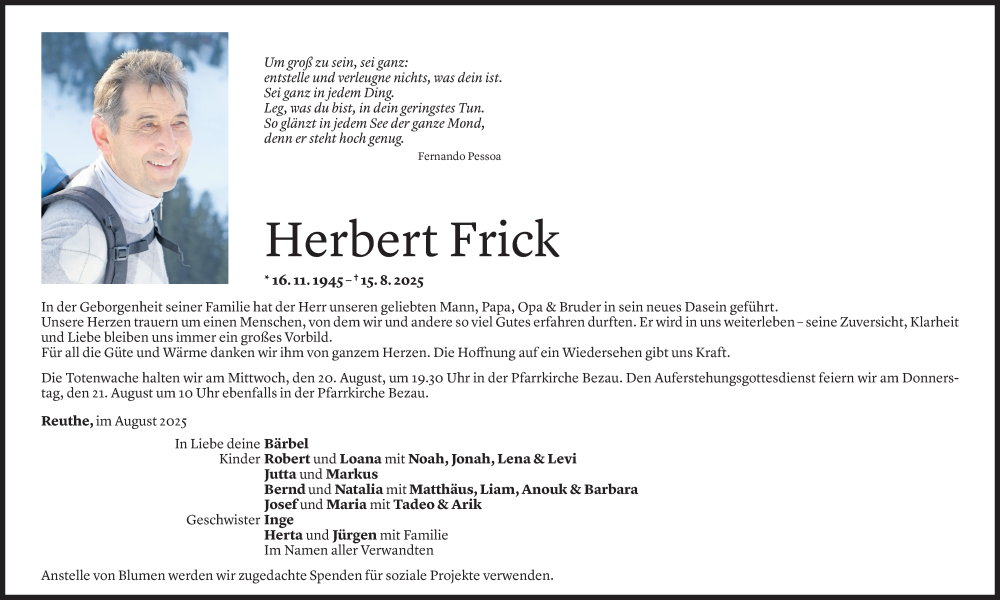  Todesanzeige für Herbert Frick vom 18.08.2025 aus Vorarlberger Nachrichten