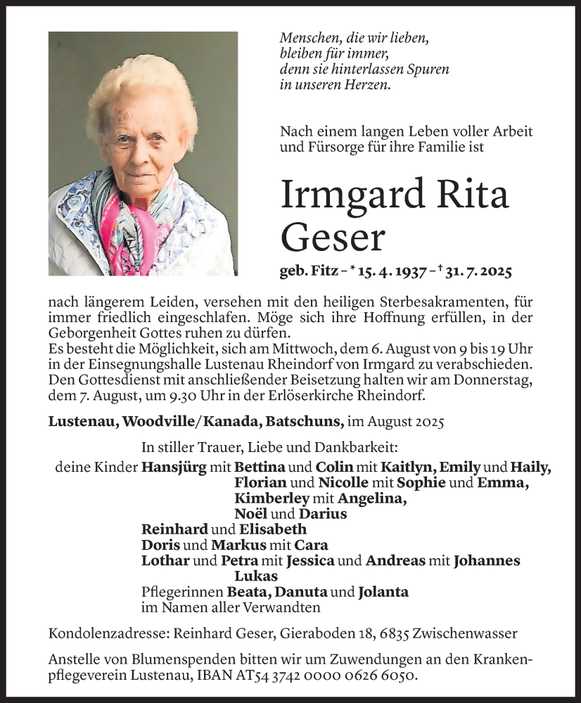  Todesanzeige für Irmgard Rita Geser vom 05.08.2025 aus Vorarlberger Nachrichten