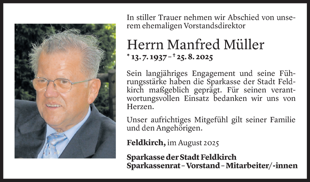  Todesanzeige für Manfred Müller vom 02.09.2025 aus Vorarlberger Nachrichten