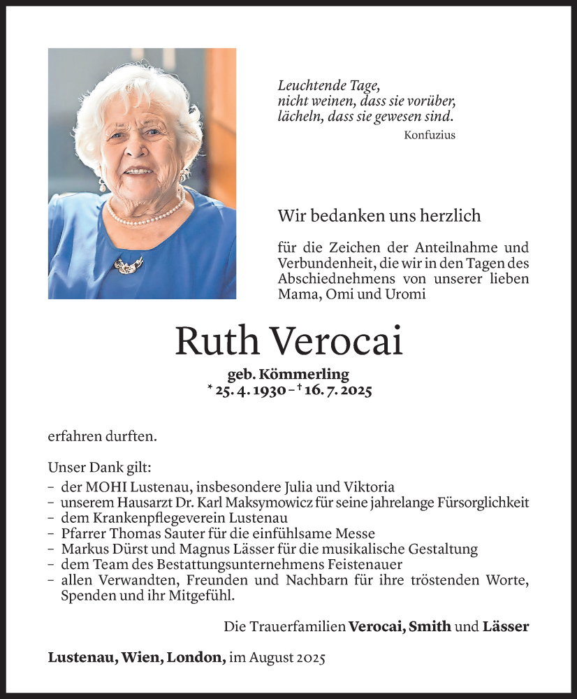  Todesanzeige für Ruth Verocai vom 25.08.2025 aus Vorarlberger Nachrichten
