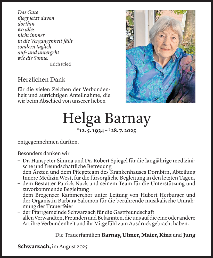  Todesanzeige für Helga Barnay vom 13.08.2025 aus Vorarlberger Nachrichten