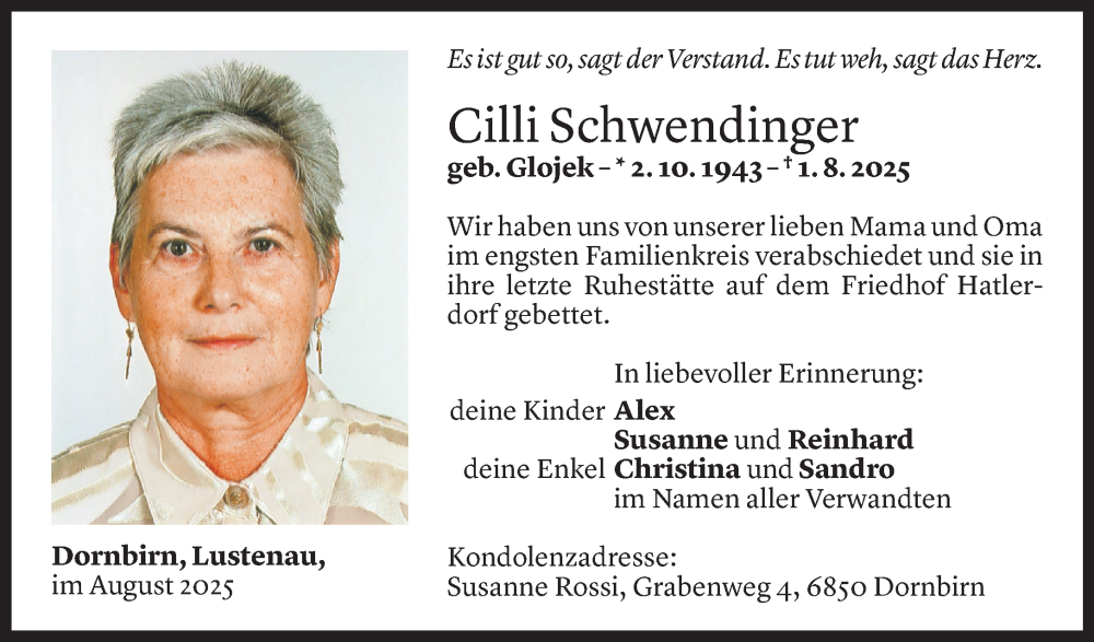  Todesanzeige für Cilli Schwendinger vom 16.08.2025 aus Vorarlberger Nachrichten