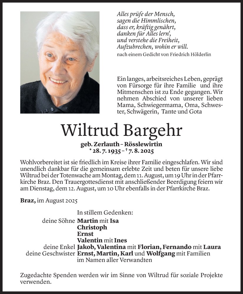  Todesanzeige für Wiltrud Bargehr vom 08.08.2025 aus Vorarlberger Nachrichten