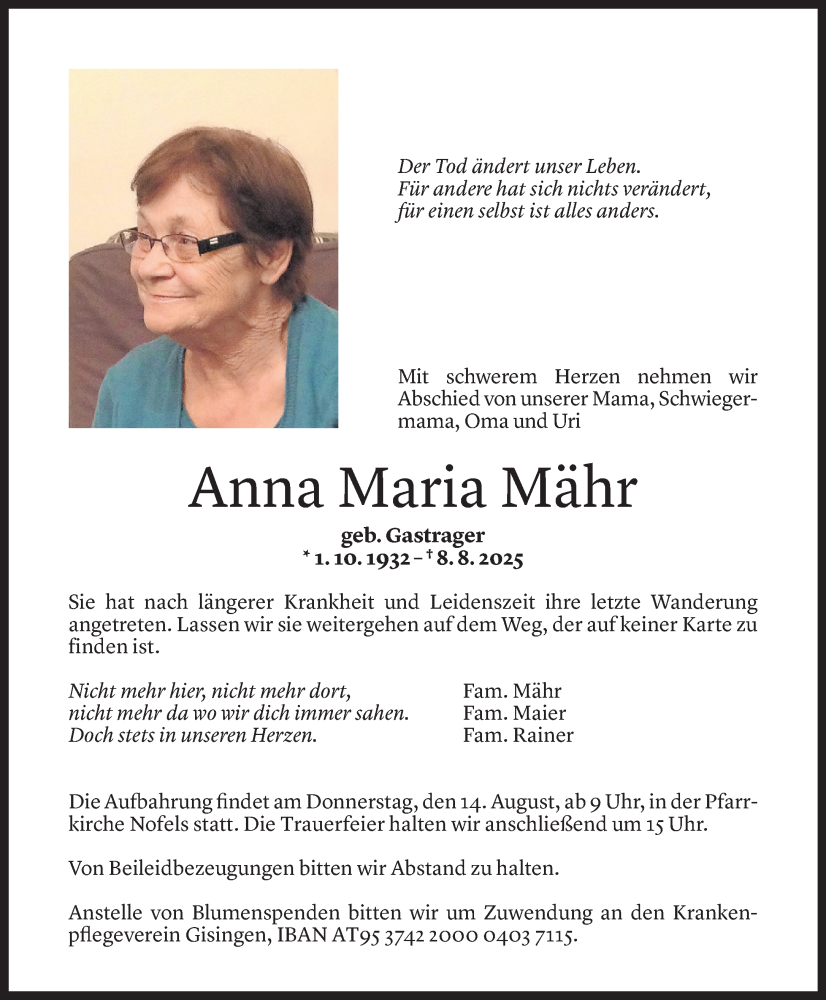  Todesanzeige für Anna Maria Mähr vom 11.08.2025 aus Vorarlberger Nachrichten