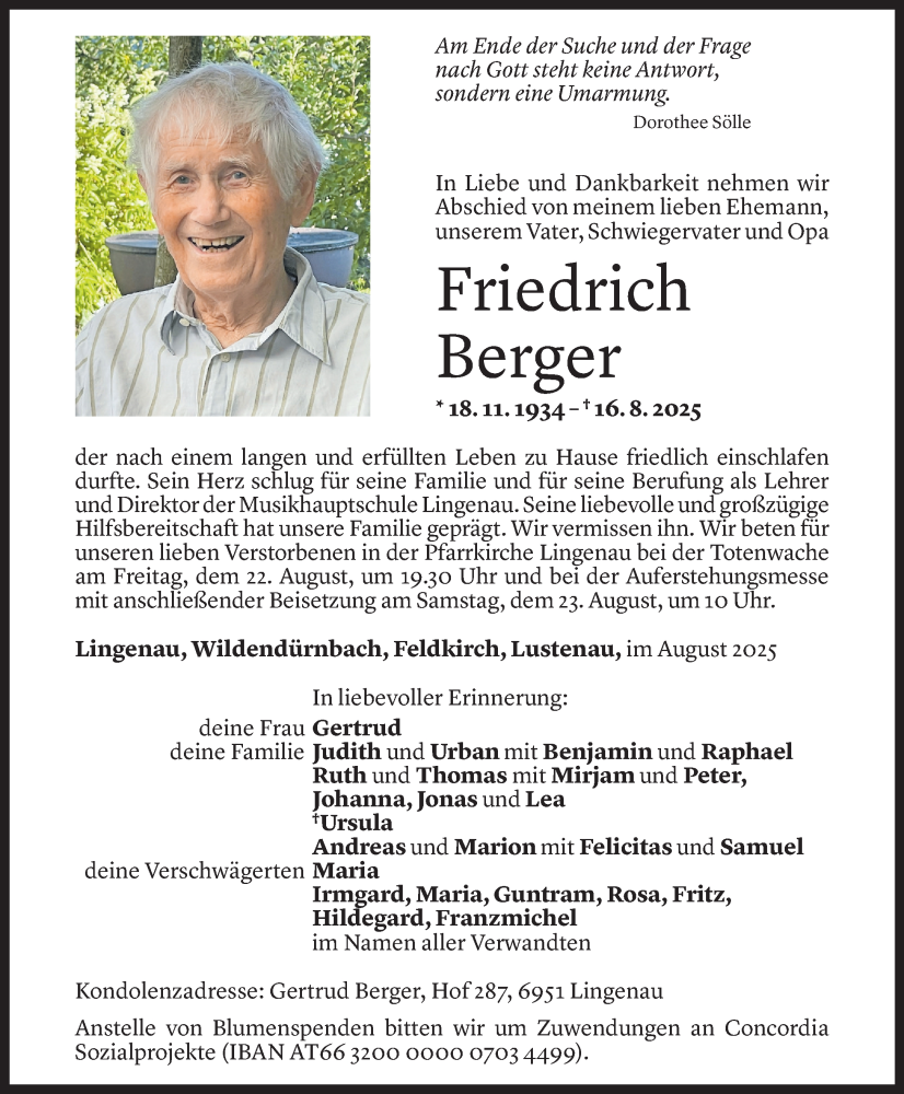  Todesanzeige für Friedrich Berger vom 19.08.2025 aus Vorarlberger Nachrichten