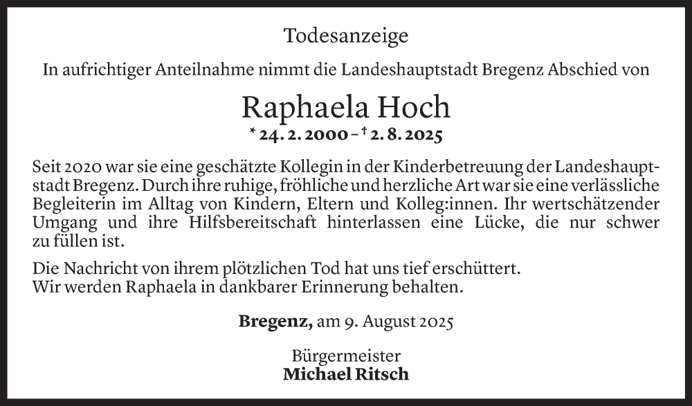  Todesanzeige für Raphaela Hoch vom 08.08.2025 aus Vorarlberger Nachrichten