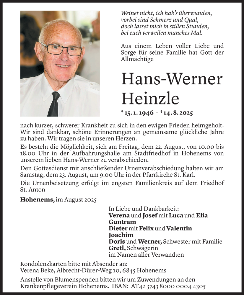  Todesanzeige für Hans-Werner Heinzle vom 19.08.2025 aus Vorarlberger Nachrichten