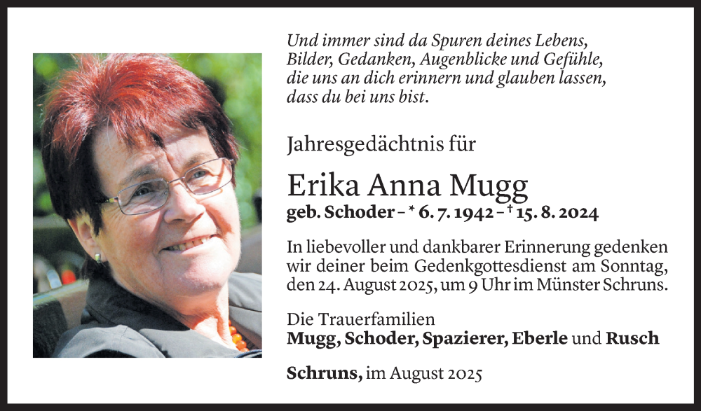  Todesanzeige für Erika Mugg vom 13.08.2025 aus Vorarlberger Nachrichten