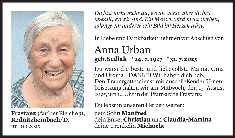  Todesanzeige für Anna Urban vom 05.08.2025 aus Vorarlberger Nachrichten
