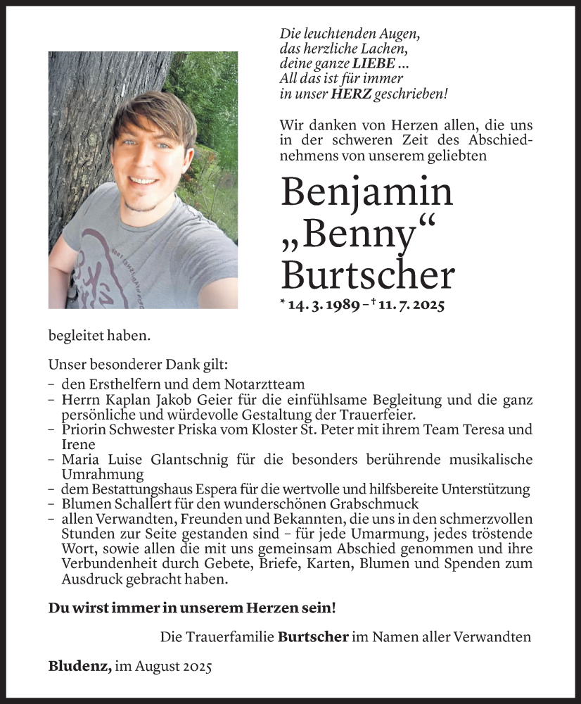  Todesanzeige für Benjamin Burtscher vom 23.08.2025 aus Vorarlberger Nachrichten