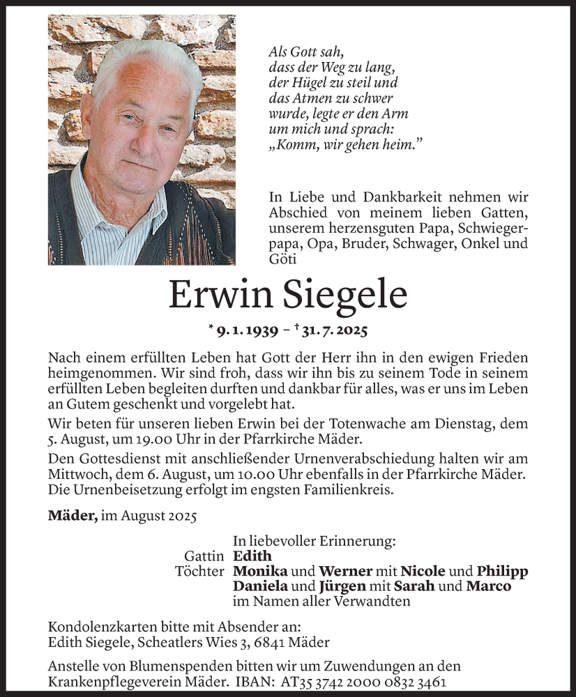  Todesanzeige für Erwin Siegele vom 03.08.2025 aus VN