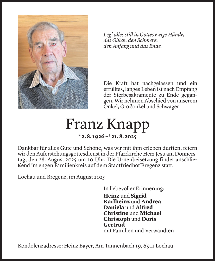  Todesanzeige für Franz Knapp vom 22.08.2025 aus Vorarlberger Nachrichten