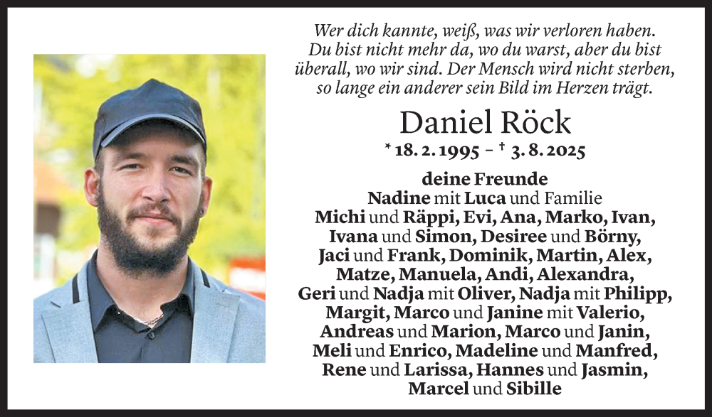  Todesanzeige für Daniel Röck vom 14.08.2025 aus Vorarlberger Nachrichten