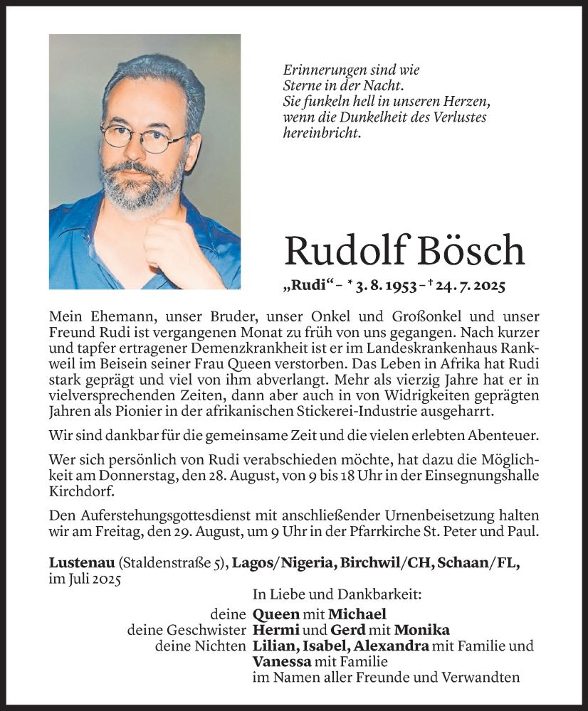 Todesanzeige für Rudolf Bösch vom 19.08.2025 aus Vorarlberger Nachrichten