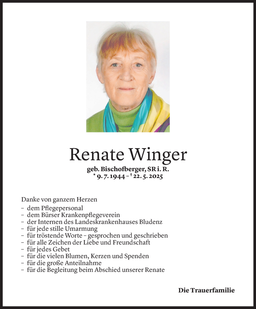  Todesanzeige für Renate Winger vom 29.08.2025 aus Vorarlberger Nachrichten