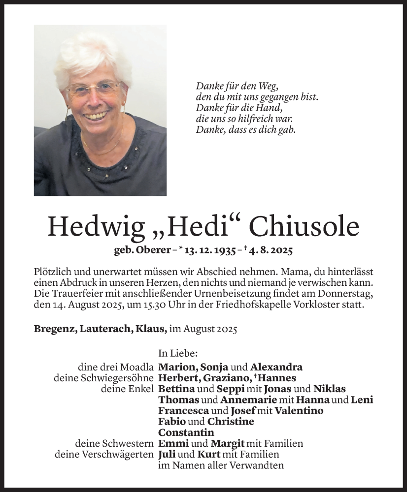  Todesanzeige für Hedwig Chiusole vom 08.08.2025 aus Vorarlberger Nachrichten