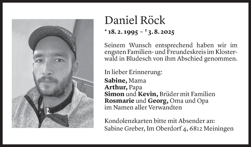  Todesanzeige für Daniel Röck vom 14.08.2025 aus Vorarlberger Nachrichten