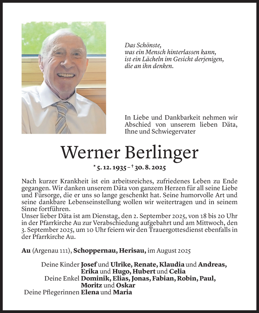  Todesanzeige für Werner Berlinger vom 31.08.2025 aus Vorarlberger Nachrichten