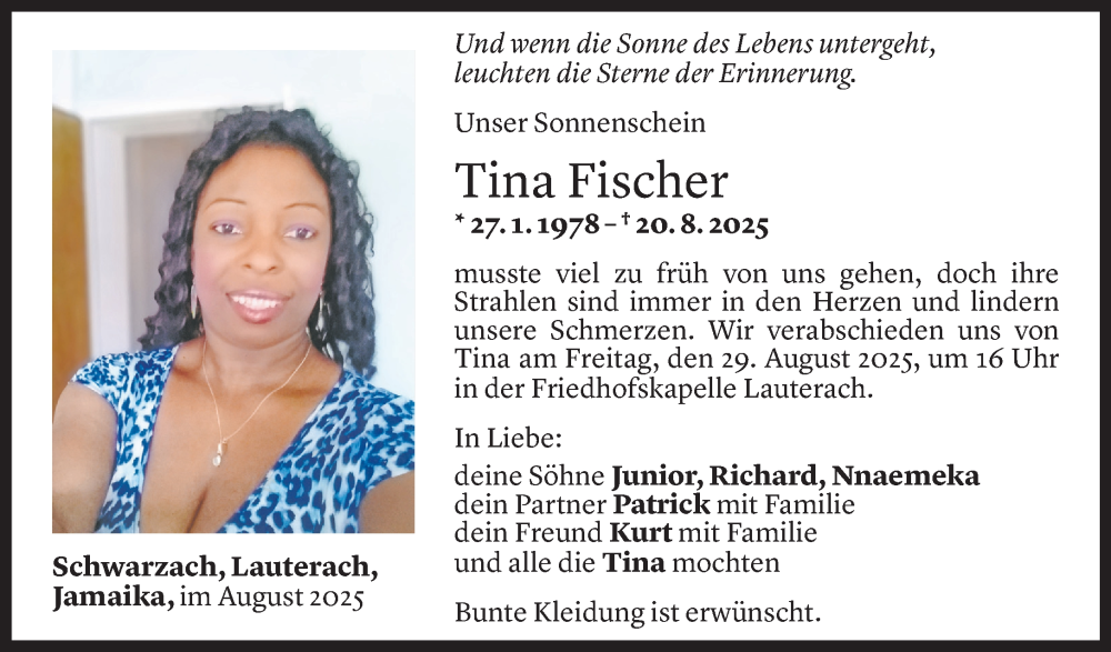  Todesanzeige für Tina Fischer vom 26.08.2025 aus Vorarlberger Nachrichten
