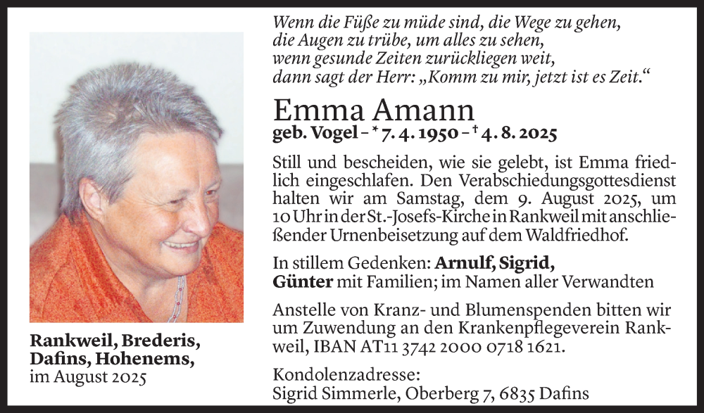  Todesanzeige für Emma Amann vom 06.08.2025 aus Vorarlberger Nachrichten