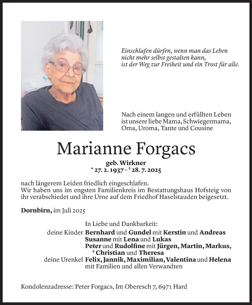  Todesanzeige für Marianne Forgacs vom 08.08.2025 aus Vorarlberger Nachrichten