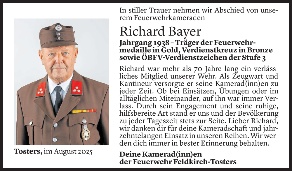  Todesanzeige für Richard Bayer vom 27.08.2025 aus Vorarlberger Nachrichten