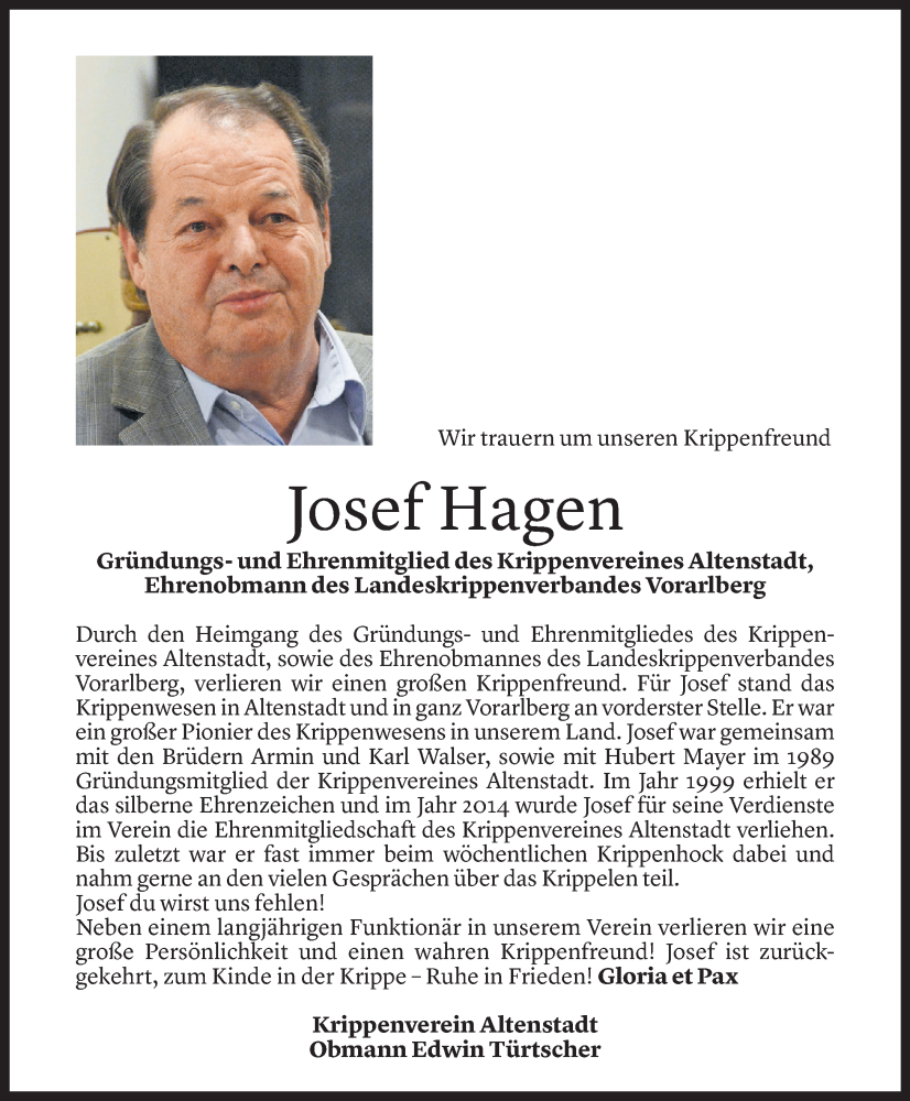  Todesanzeige für Josef Hagen vom 13.08.2025 aus Vorarlberger Nachrichten