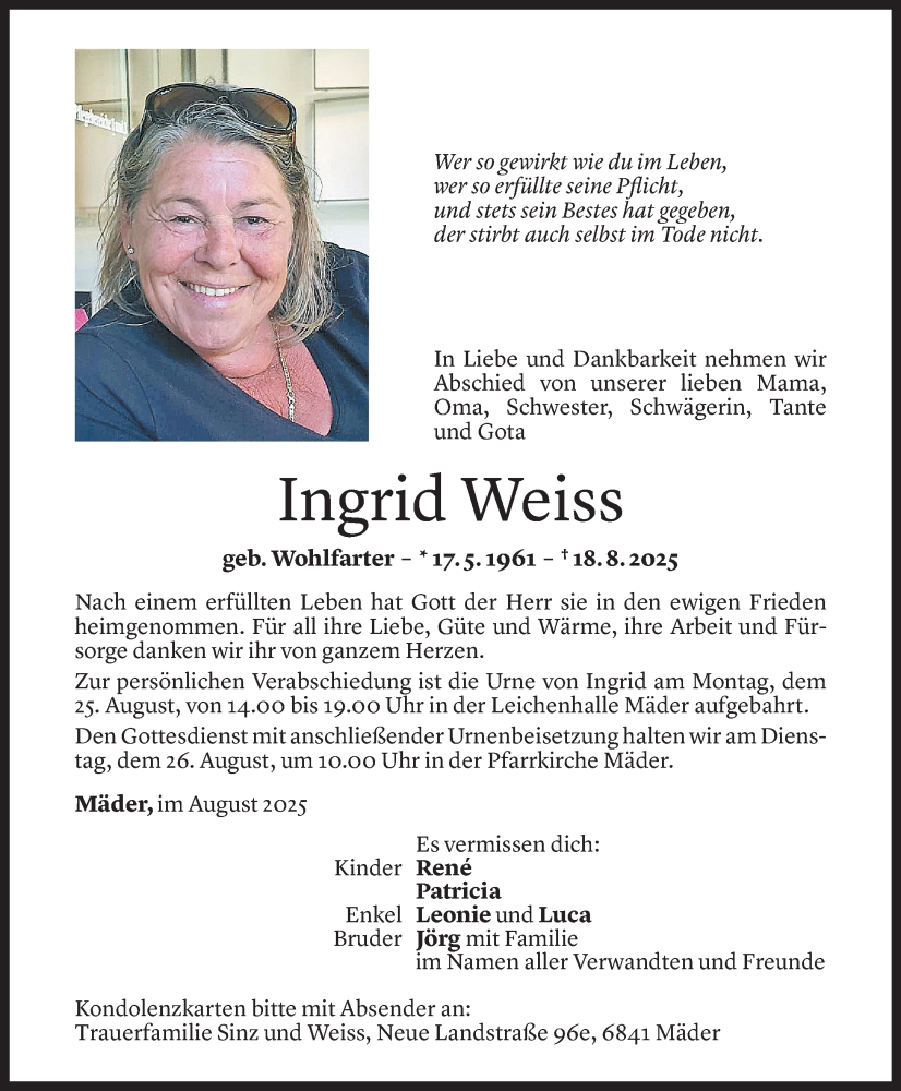  Todesanzeige für Ingrid Weiss vom 21.08.2025 aus Vorarlberger Nachrichten