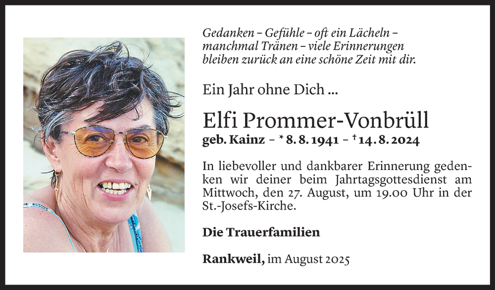  Todesanzeige für Elfi Prommer-Vonbrüll vom 13.08.2025 aus Vorarlberger Nachrichten