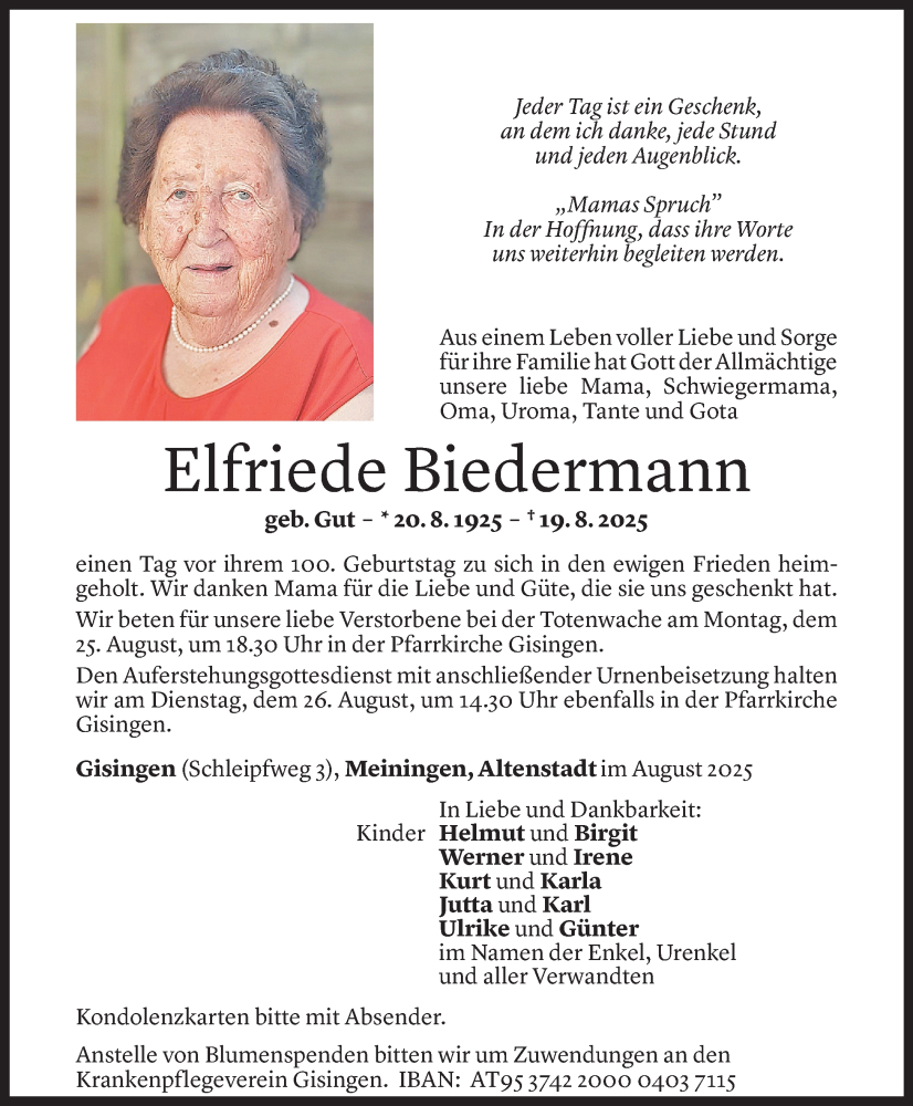  Todesanzeige für Elfriede Biedermann vom 20.08.2025 aus Vorarlberger Nachrichten