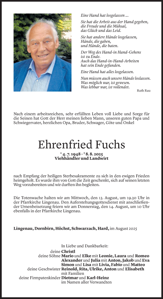  Todesanzeige für Ehrenfried Fuchs vom 11.08.2025 aus Vorarlberger Nachrichten