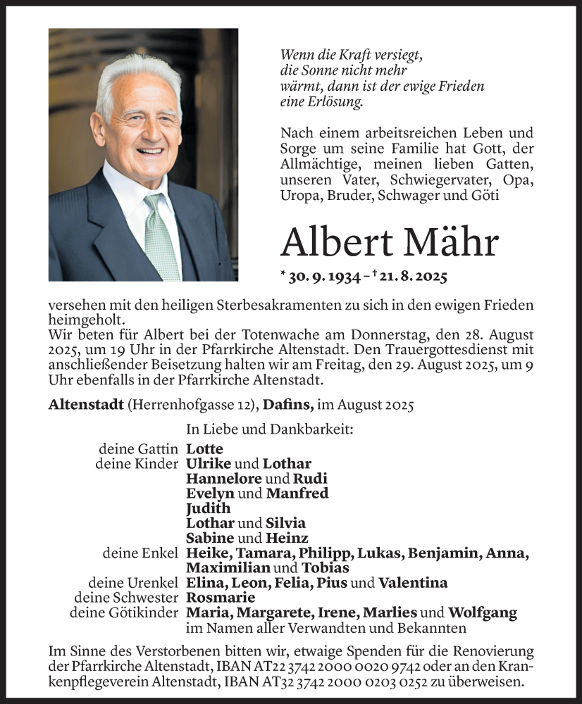  Todesanzeige für Albert Mähr vom 26.08.2025 aus Vorarlberger Nachrichten