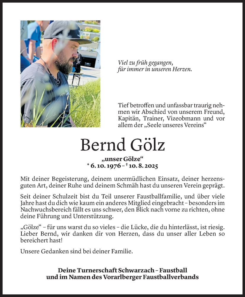  Todesanzeige für Bernd Gölz vom 13.08.2025 aus Vorarlberger Nachrichten