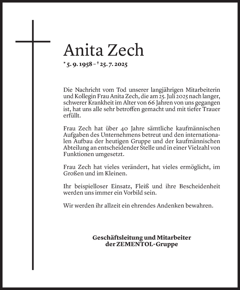  Todesanzeige für Anita Zech vom 11.08.2025 aus Vorarlberger Nachrichten