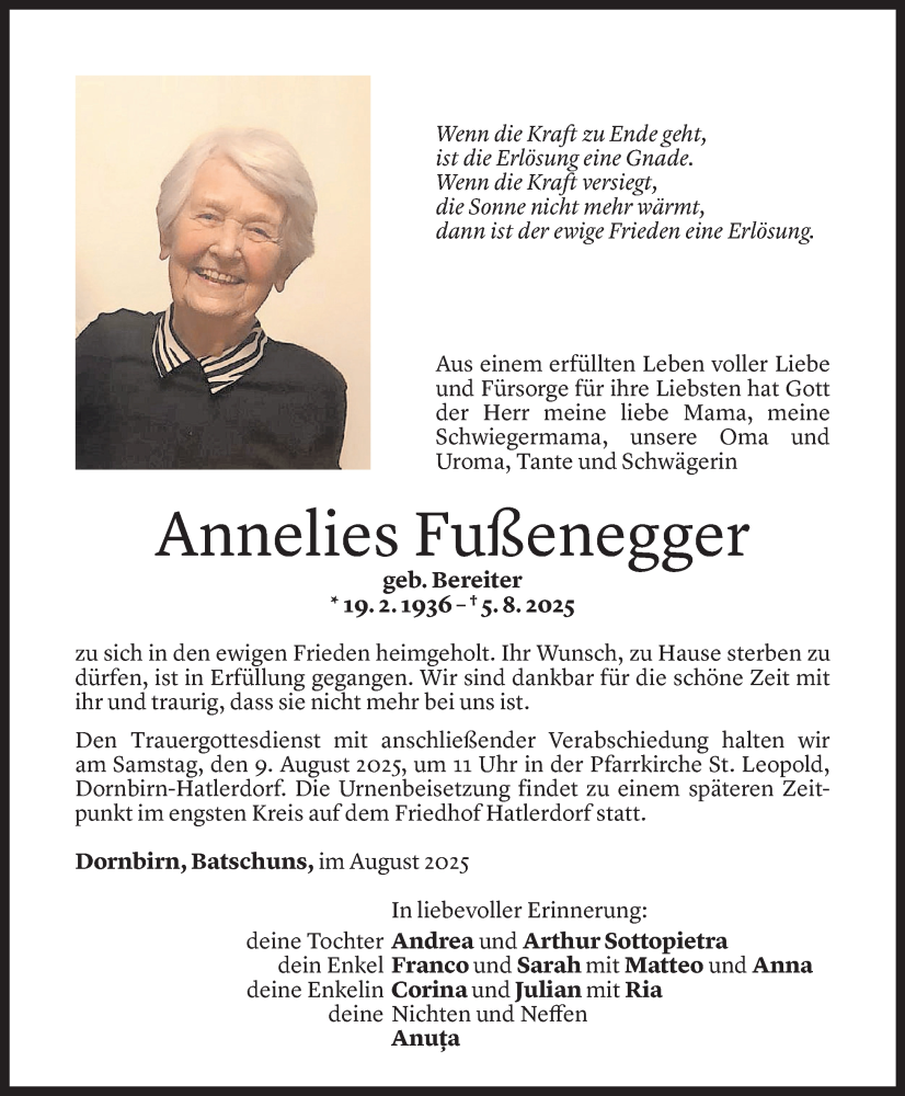  Todesanzeige für Annelies Fußenegger vom 06.08.2025 aus Vorarlberger nachrichten