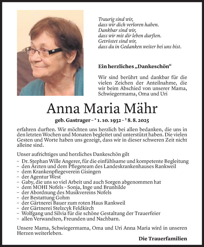  Todesanzeige für Anna Maria Mähr vom 26.08.2025 aus Vorarlberger Nachrichten